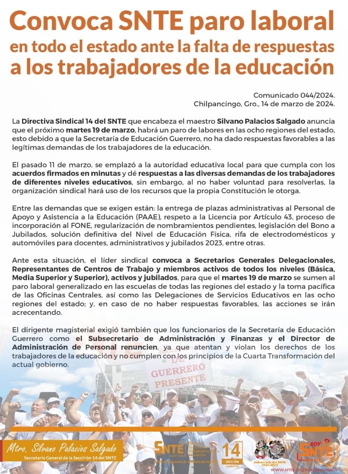 SNTE realizará paro laboral en las ocho regiones de Guerrero - Diario ...